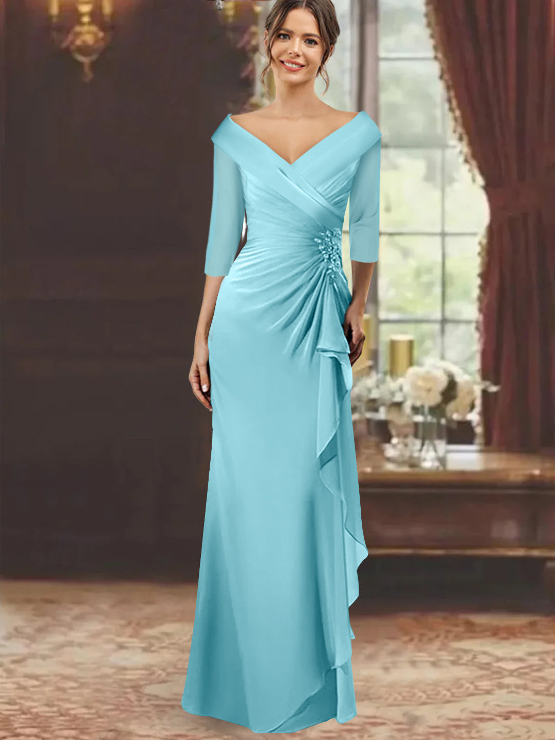 Sheath Column V Neck Half Sleeves Floor Length Mother Of The Bride Dresses With Ruffles Appliques