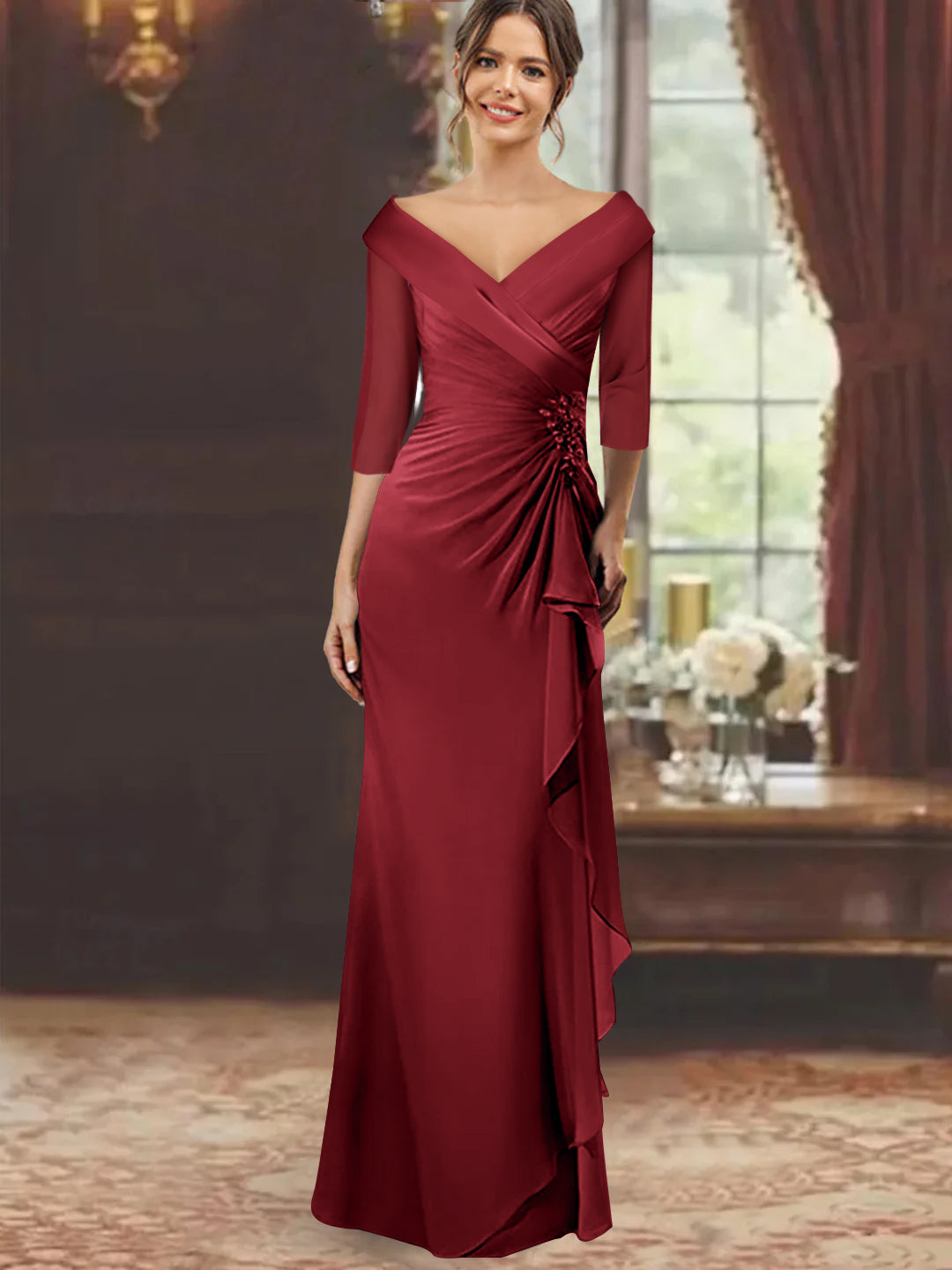 Sheath Column V Neck Half Sleeves Floor Length Mother Of The Bride Dresses With Ruffles Appliques