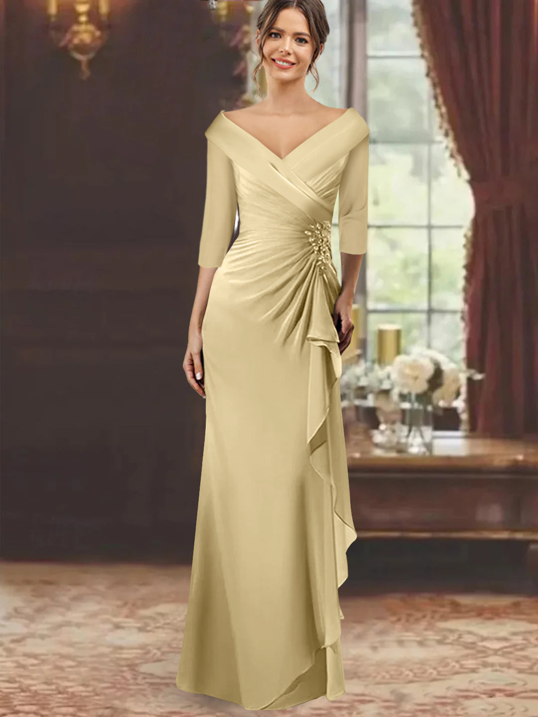 Sheath Column V Neck Half Sleeves Floor Length Mother Of The Bride Dresses With Ruffles Appliques