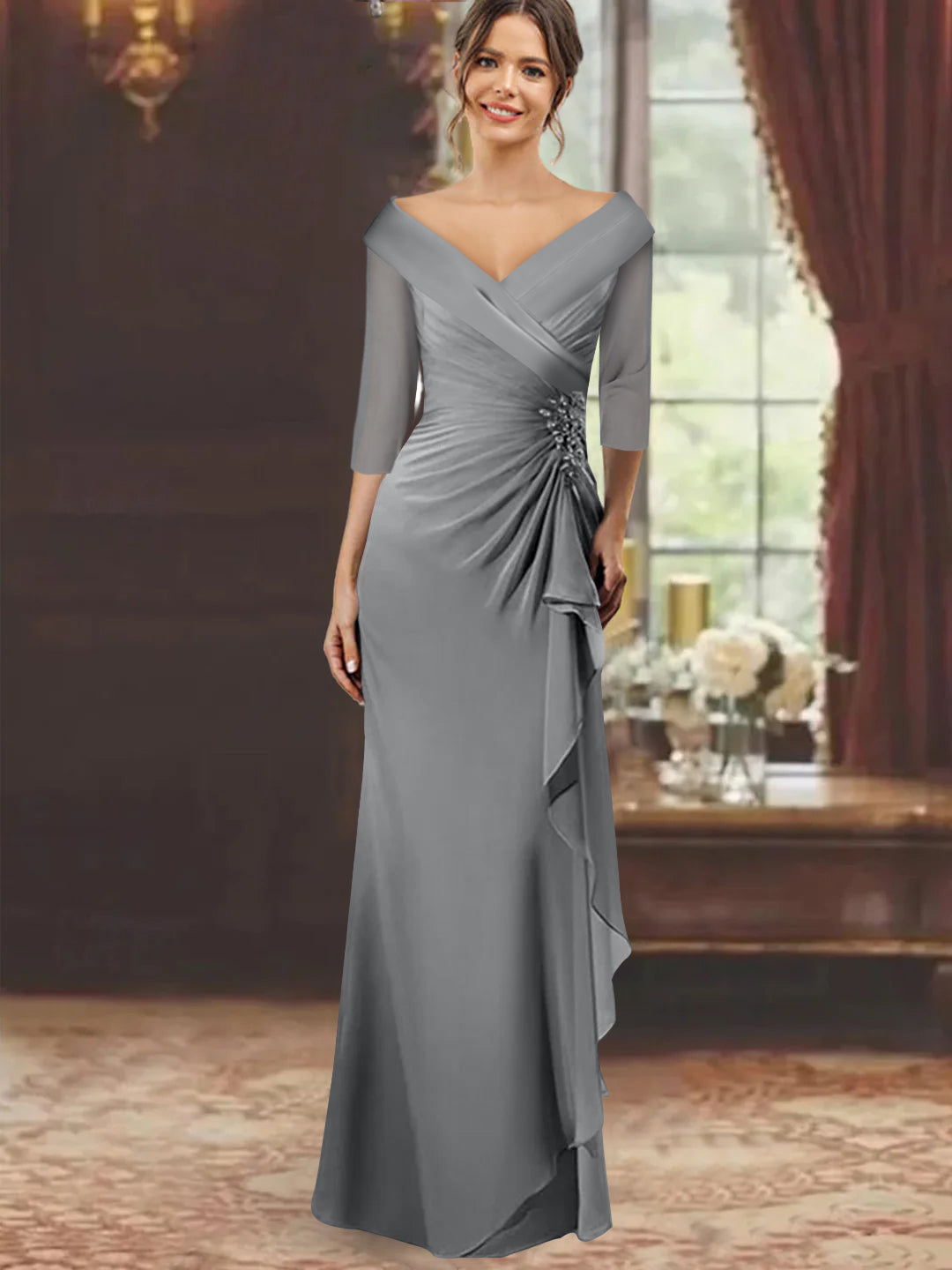 Sheath Column V Neck Half Sleeves Floor Length Mother Of The Bride Dresses With Ruffles Appliques