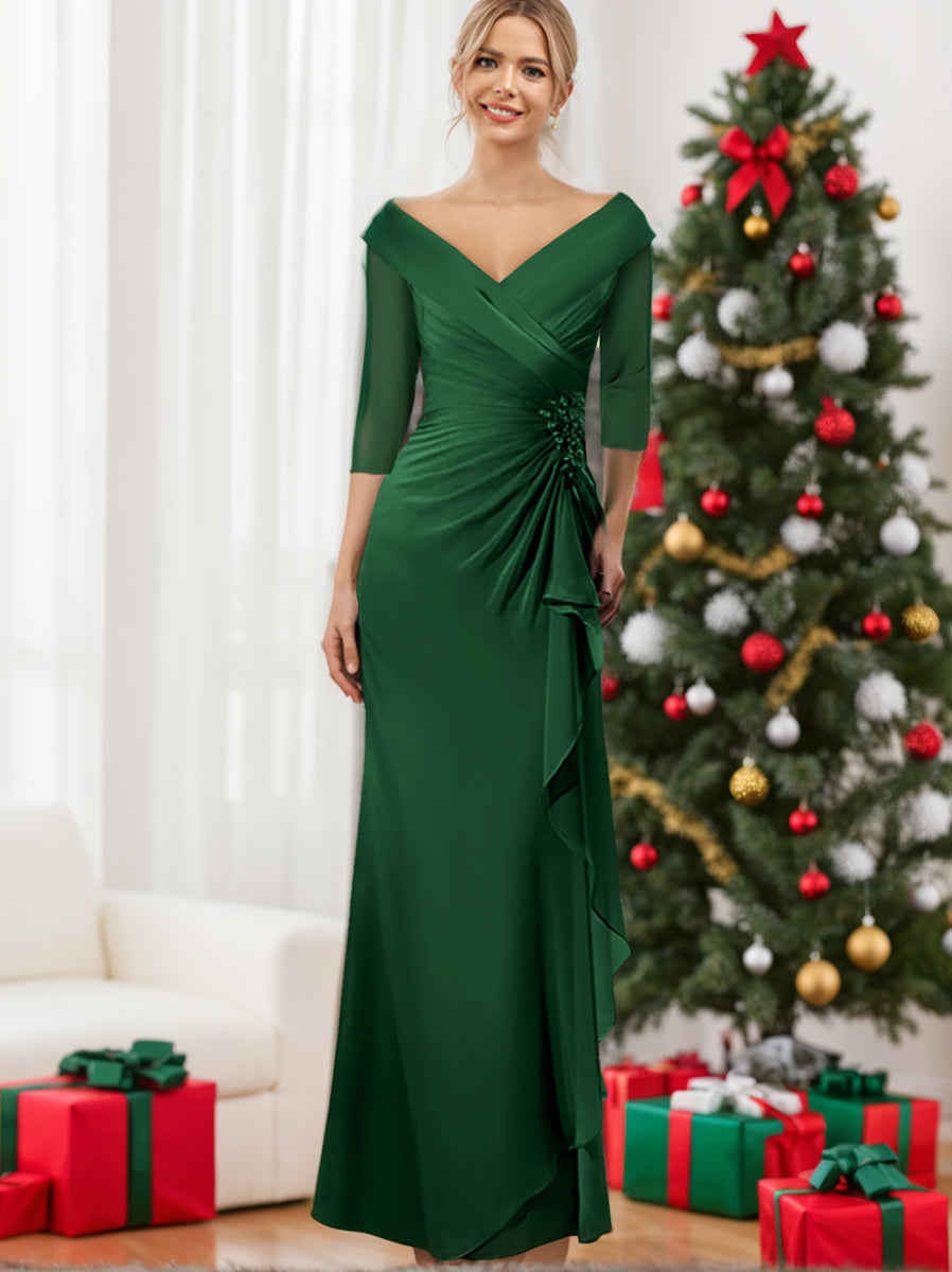 Sheath Column V Neck Half Sleeves Floor Length Mother Of The Bride Dresses With Ruffles Appliques