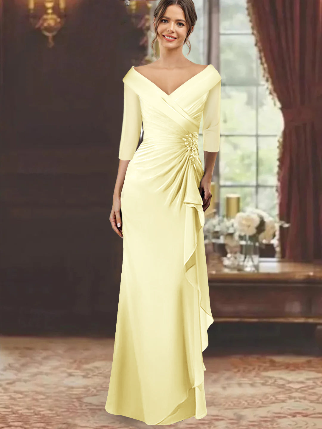 Sheath Column V Neck Half Sleeves Floor Length Mother Of The Bride Dresses With Ruffles Appliques