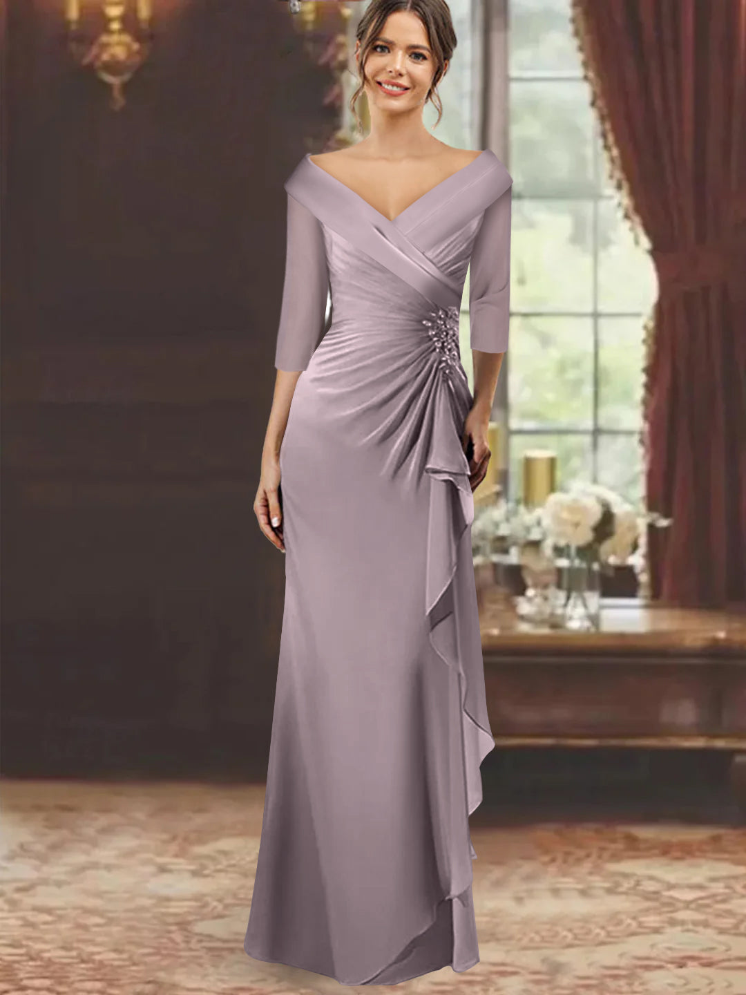 Sheath Column V Neck Half Sleeves Floor Length Mother Of The Bride Dresses With Ruffles Appliques