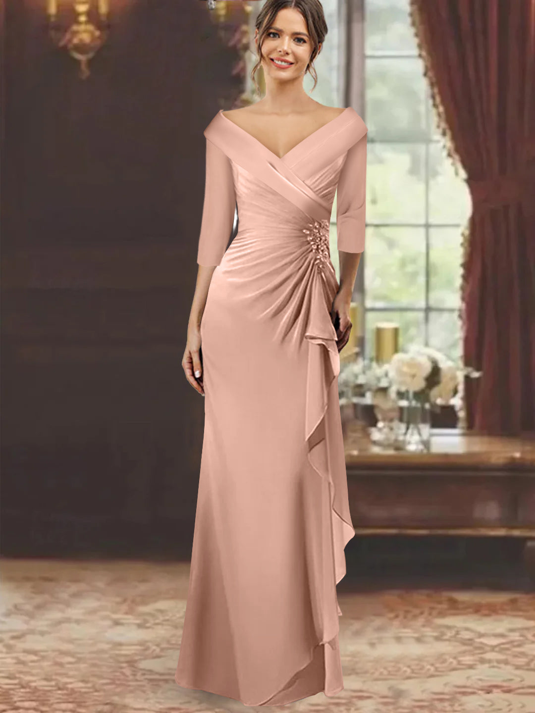 Sheath Column V Neck Half Sleeves Floor Length Mother Of The Bride Dresses With Ruffles Appliques
