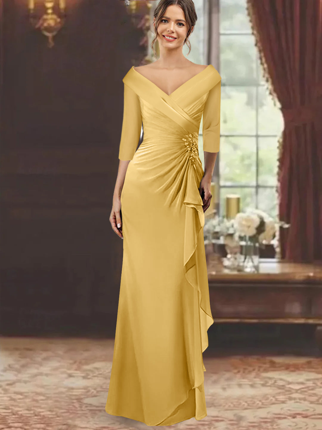 Sheath Column V Neck Half Sleeves Floor Length Mother Of The Bride Dresses With Ruffles Appliques