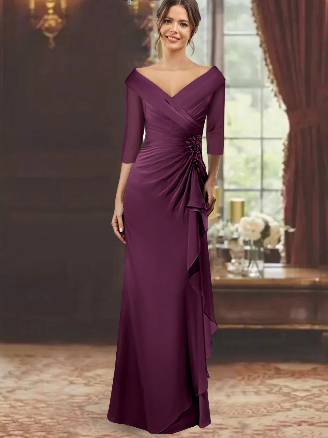 Sheath Column V Neck Half Sleeves Floor Length Mother Of The Bride Dresses With Ruffles Appliques