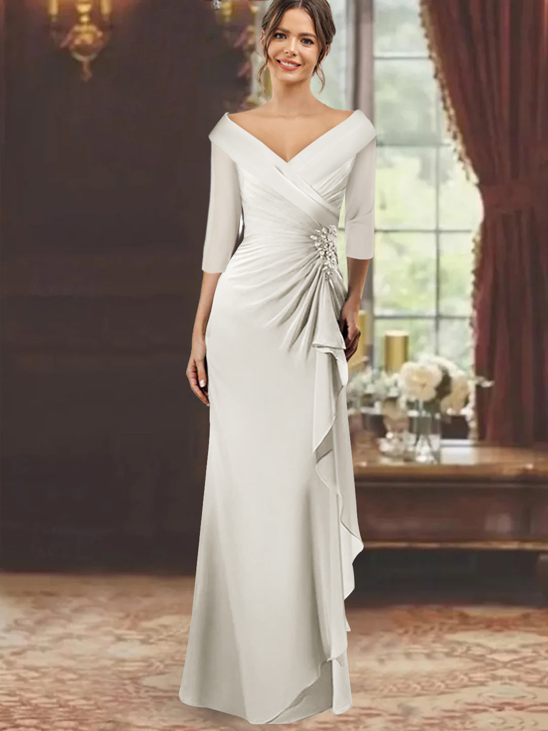 Sheath Column V Neck Half Sleeves Floor Length Mother Of The Bride Dresses With Ruffles Appliques