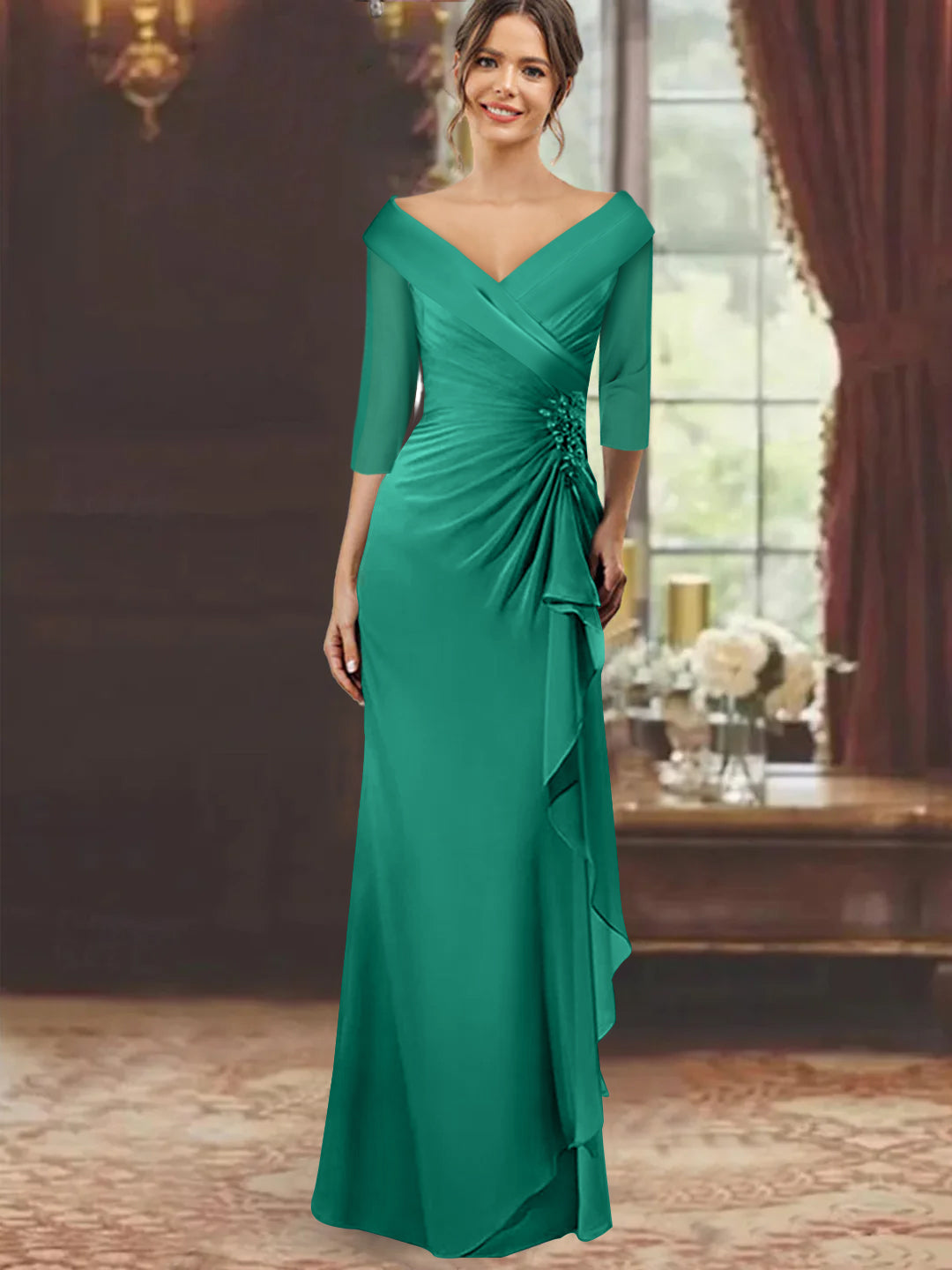 Sheath Column V Neck Half Sleeves Floor Length Mother Of The Bride Dresses With Ruffles Appliques