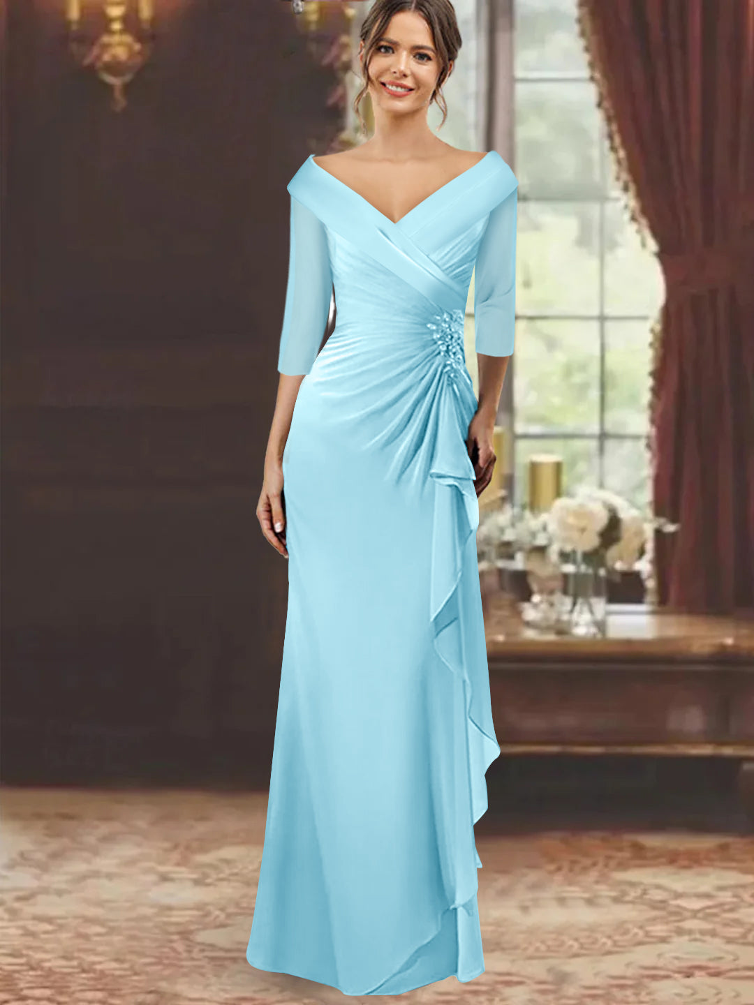 Sheath Column V Neck Half Sleeves Floor Length Mother Of The Bride Dresses With Ruffles Appliques
