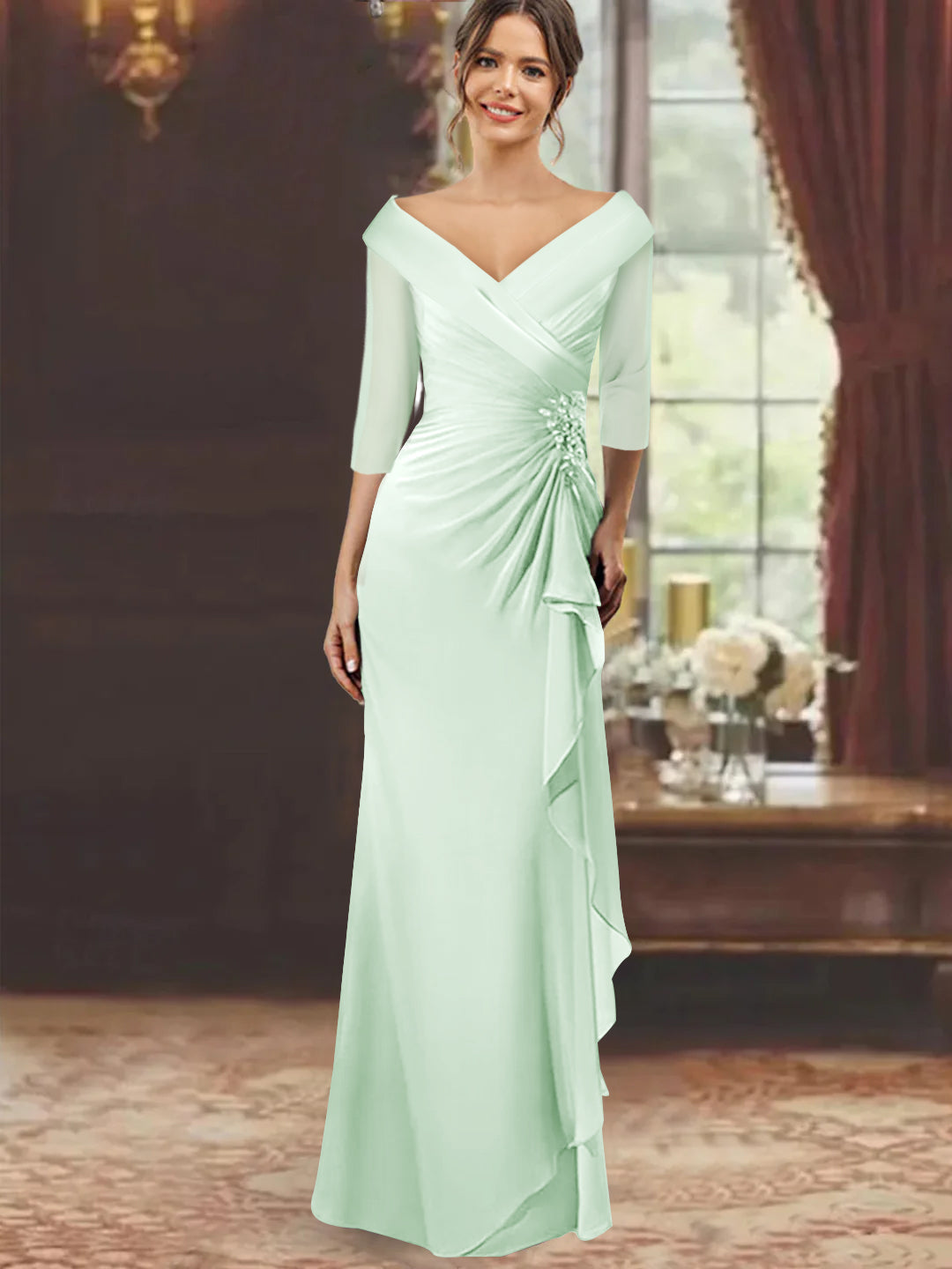 Sheath Column V Neck Half Sleeves Floor Length Mother Of The Bride Dresses With Ruffles Appliques