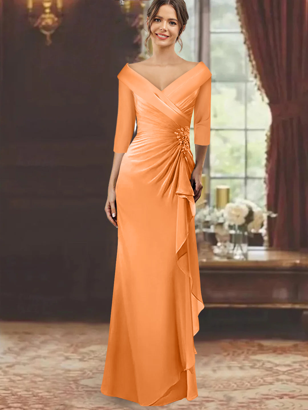 Sheath Column V Neck Half Sleeves Floor Length Mother Of The Bride Dresses With Ruffles Appliques
