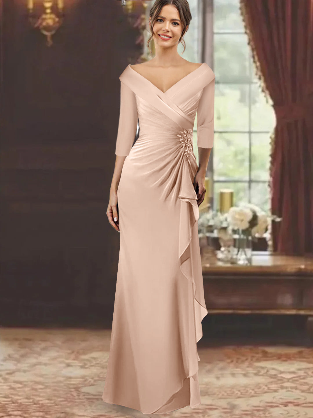 Sheath Column V Neck Half Sleeves Floor Length Mother Of The Bride Dresses With Ruffles Appliques