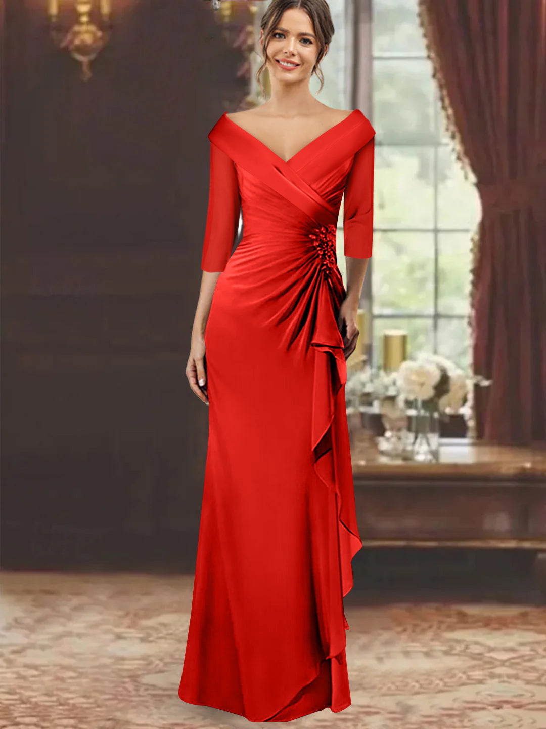 Sheath Column V Neck Half Sleeves Floor Length Mother Of The Bride Dresses With Ruffles Appliques