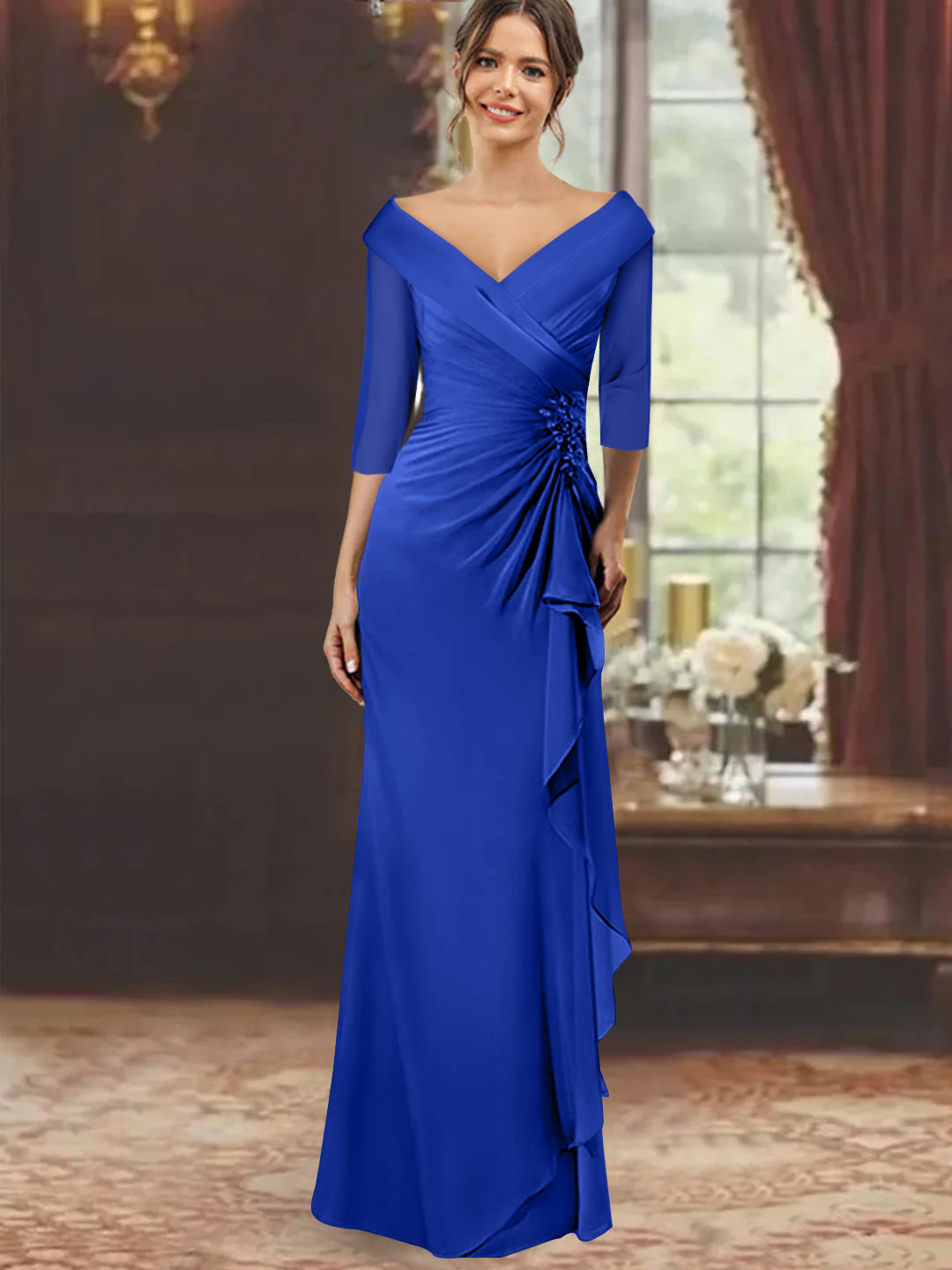 Sheath Column V Neck Half Sleeves Floor Length Mother Of The Bride Dresses With Ruffles Appliques
