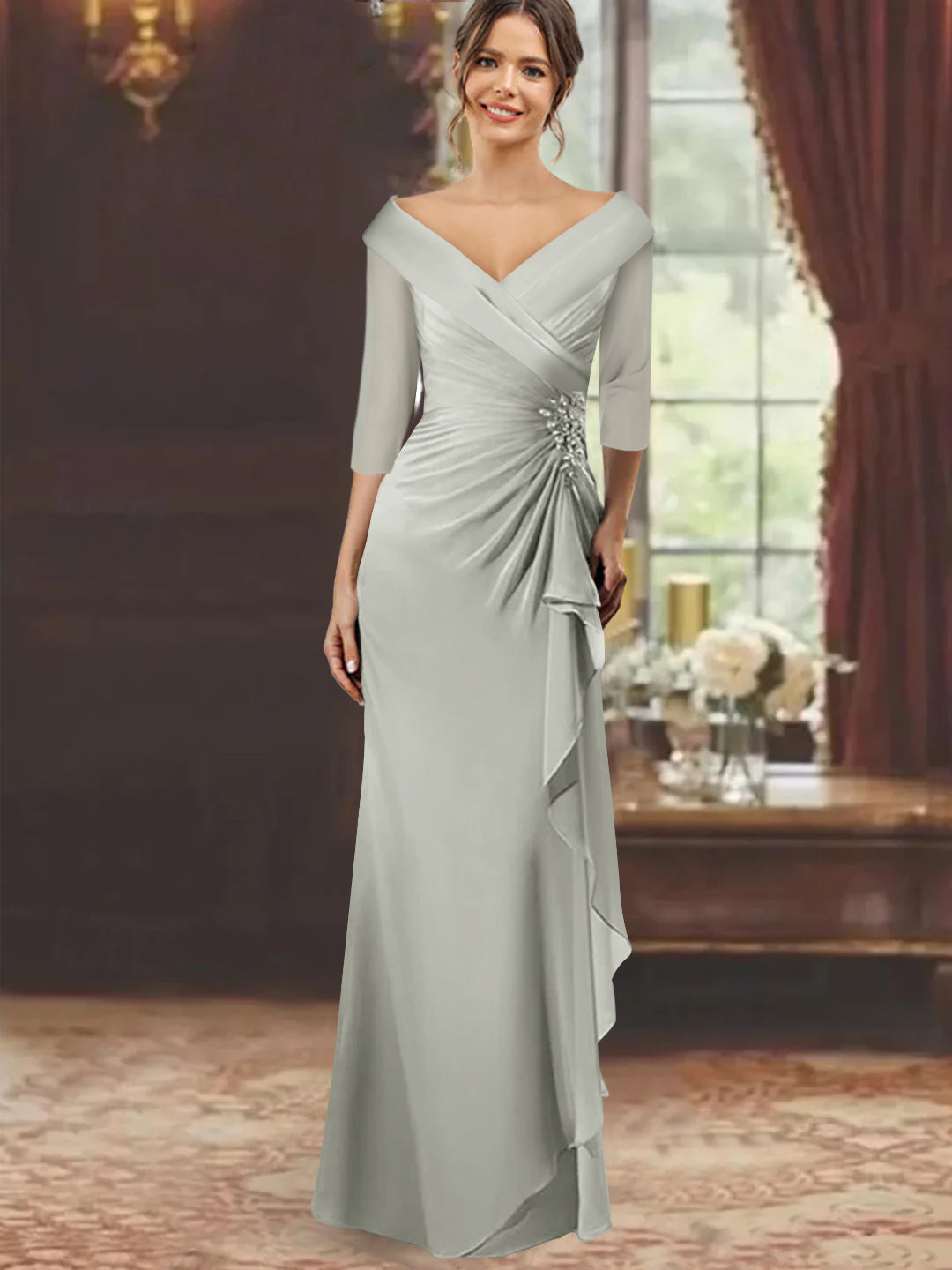 Sheath Column V Neck Half Sleeves Floor Length Mother Of The Bride Dresses With Ruffles Appliques