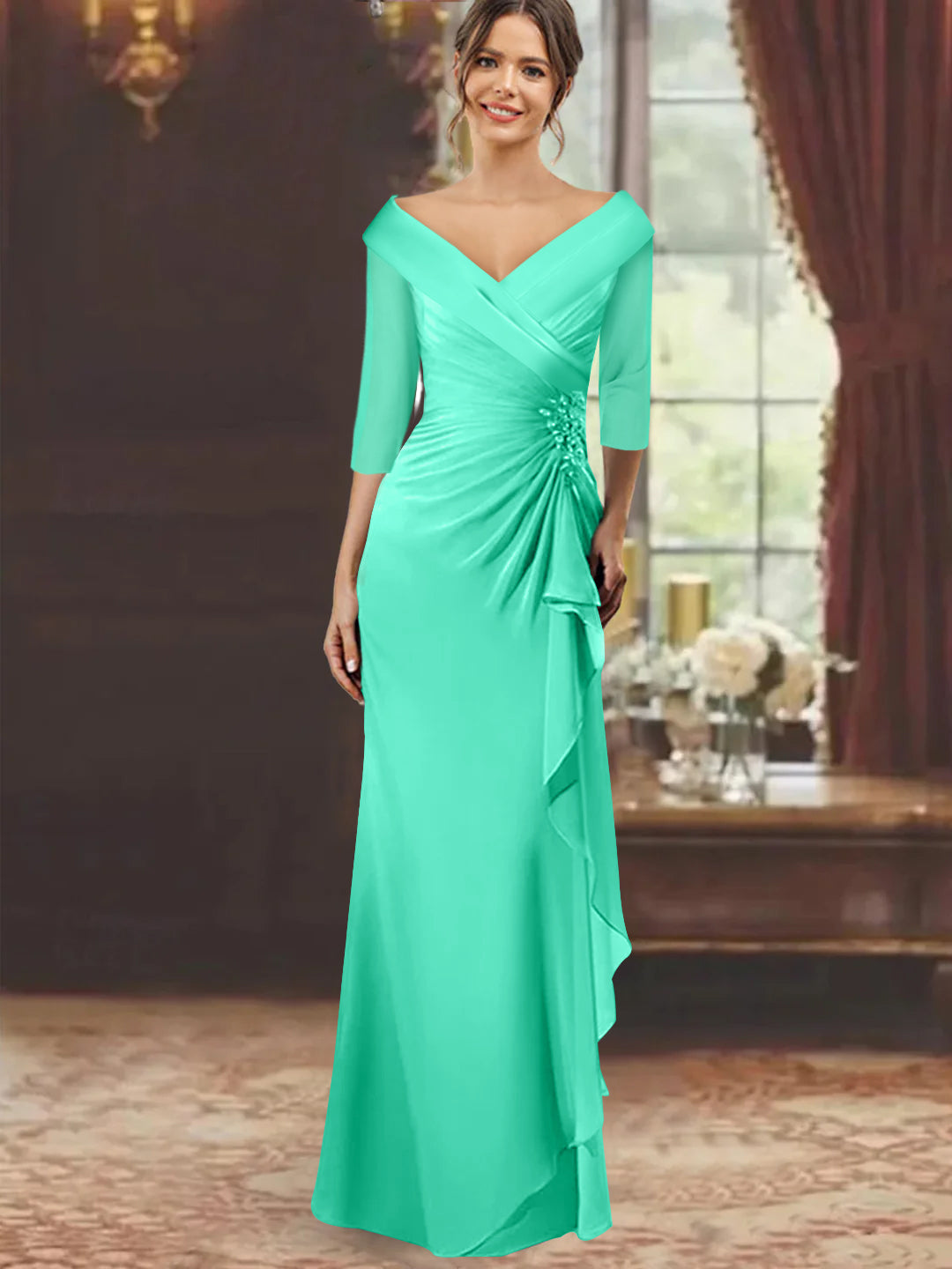 Sheath Column V Neck Half Sleeves Floor Length Mother Of The Bride Dresses With Ruffles Appliques