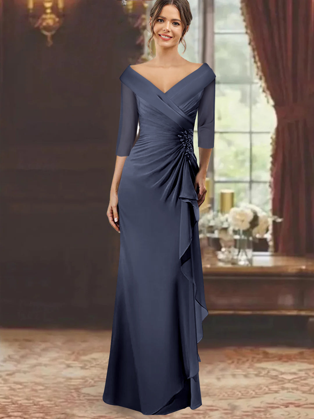 Sheath Column V Neck Half Sleeves Floor Length Mother Of The Bride Dresses With Ruffles Appliques