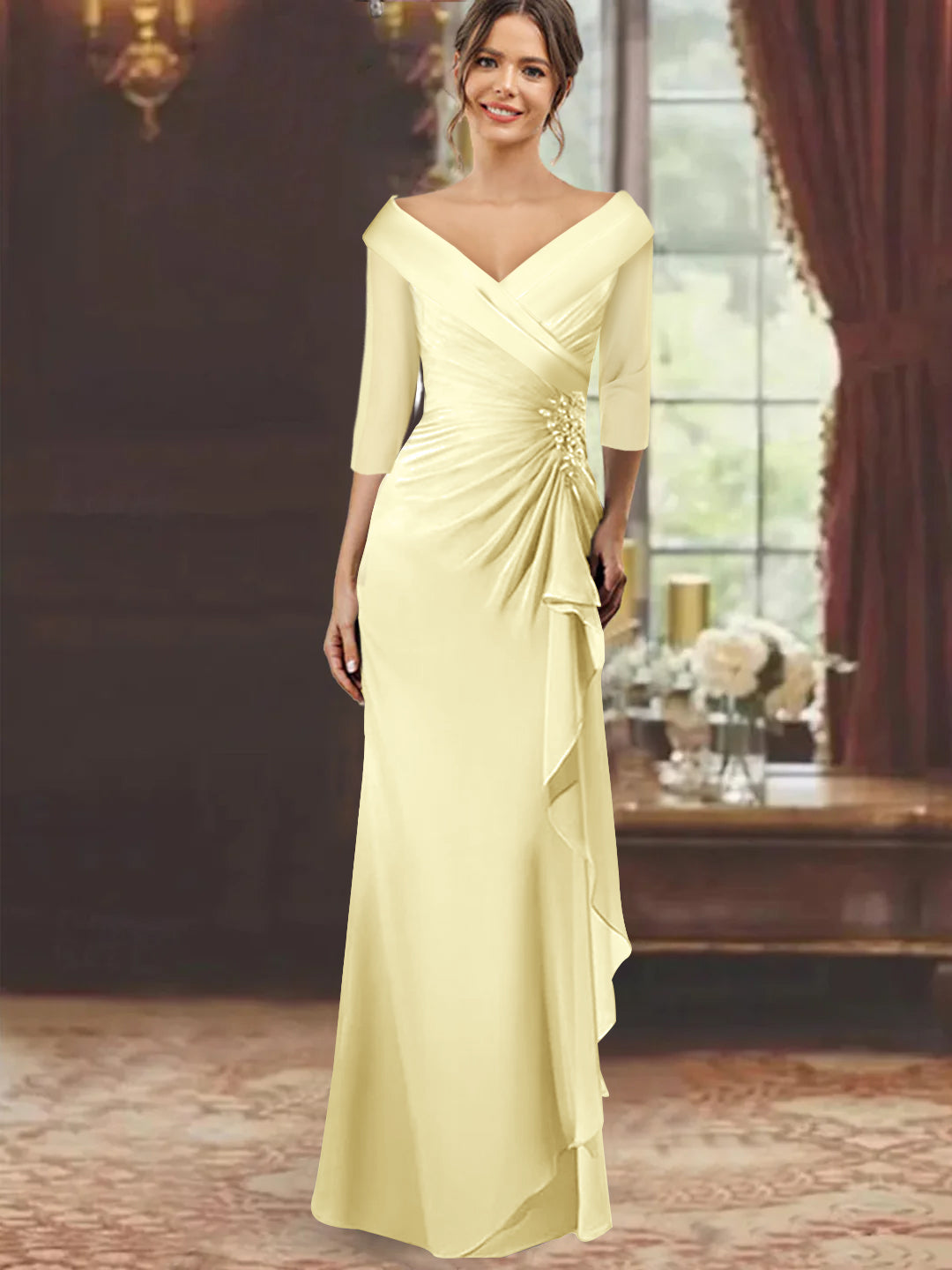 Sheath Column V Neck Half Sleeves Floor Length Mother Of The Bride Dresses With Ruffles Appliques