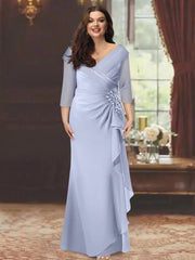 Sheath Column V Neck Half Sleeves Floor Length Mother Of The Bride Dresses With Ruffles Appliques