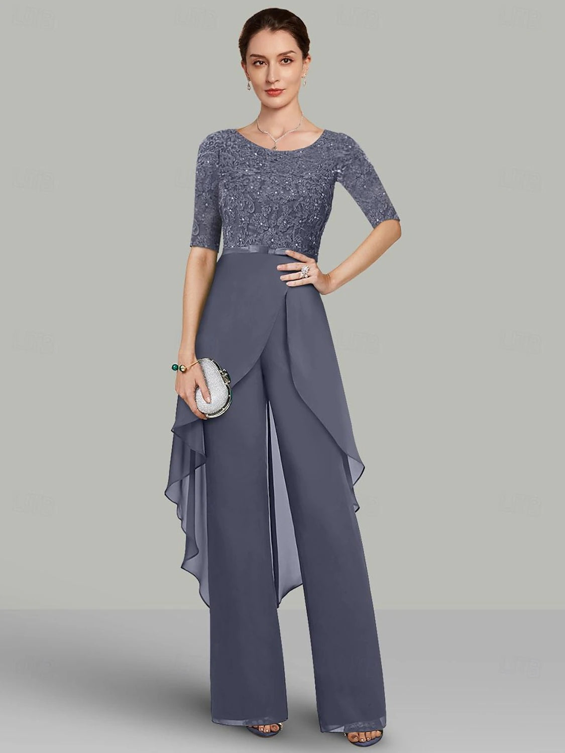 Chiffon Jewel Neck Half Sleeves Floor Length Mother Of The Bride Jumpsuits With Lace Ruffles