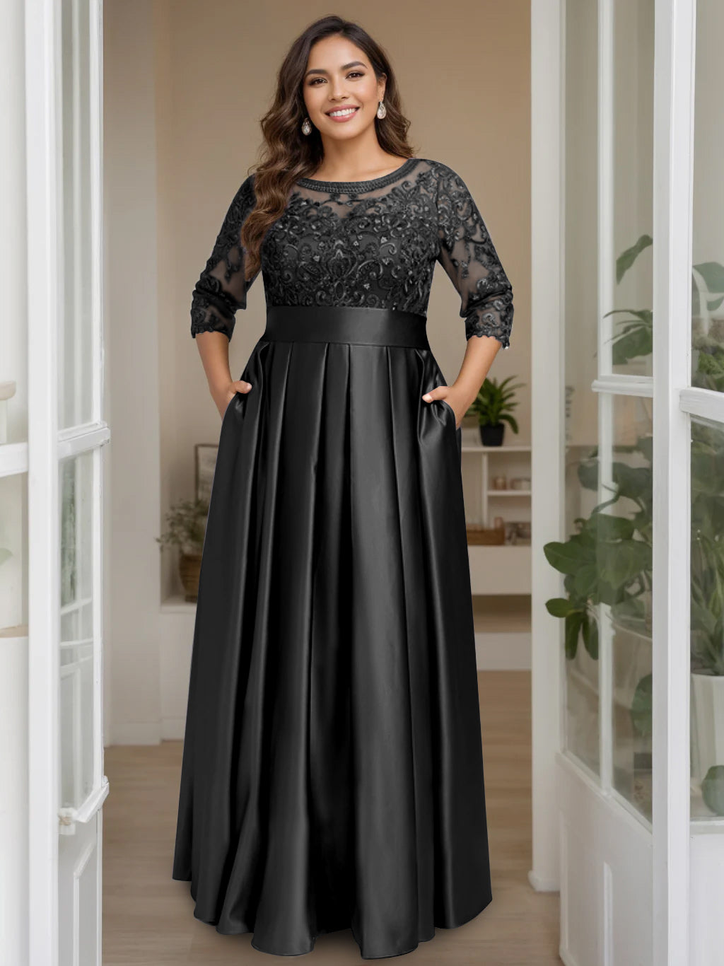 A Line Princess Scoop 3 4 Length Sleeves Floor Length Plus Size Mother Of The Bride Dresses With Bow Sequins