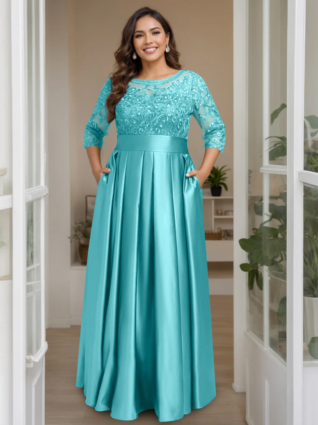 A Line Princess Scoop 3 4 Length Sleeves Floor Length Plus Size Mother Of The Bride Dresses With Bow Sequins