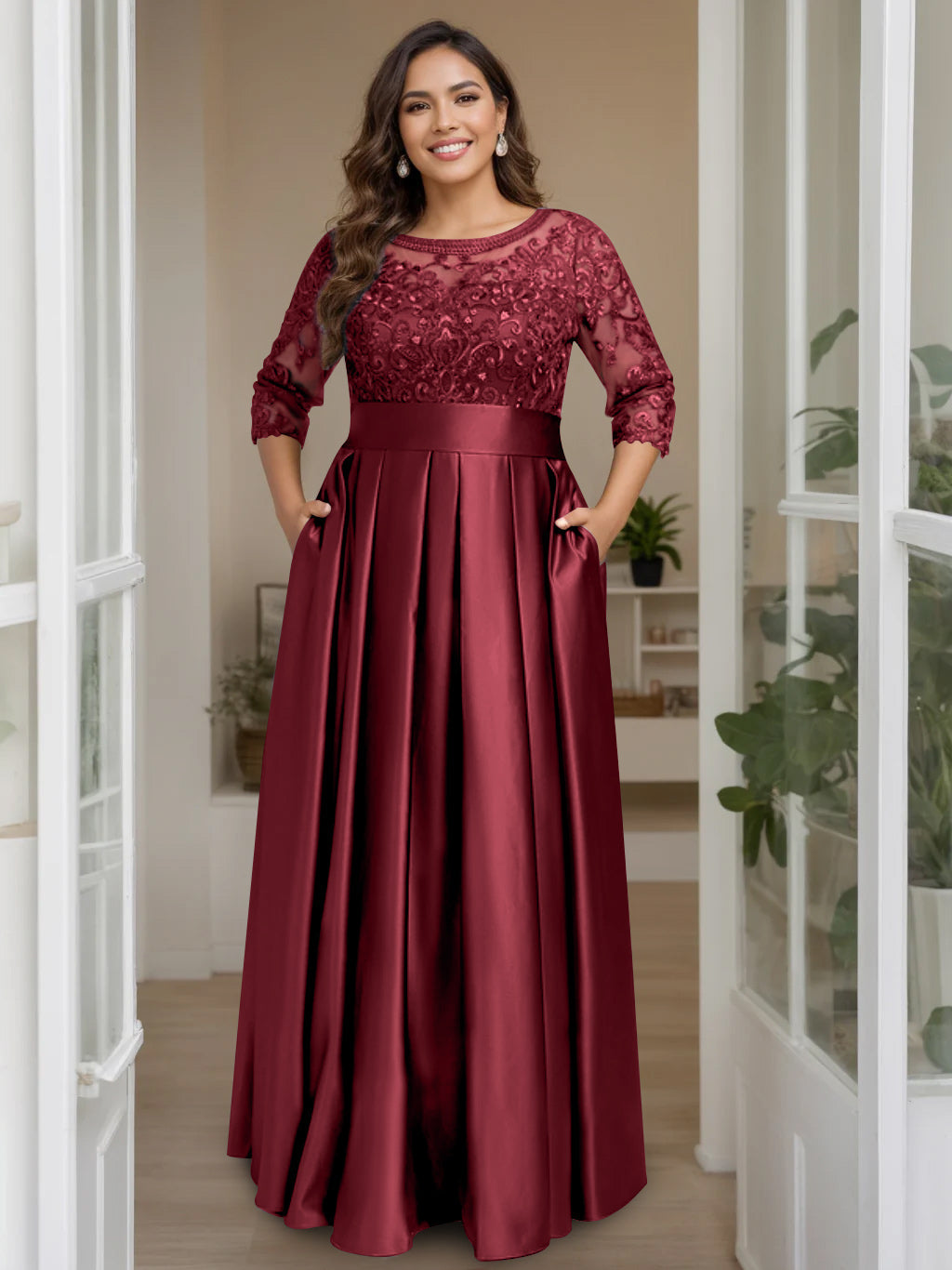 A Line Princess Scoop 3 4 Length Sleeves Floor Length Plus Size Mother Of The Bride Dresses With Bow Sequins