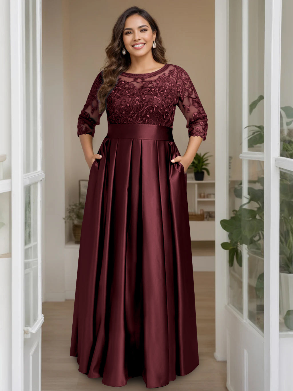 A Line Princess Scoop 3 4 Length Sleeves Floor Length Plus Size Mother Of The Bride Dresses With Bow Sequins