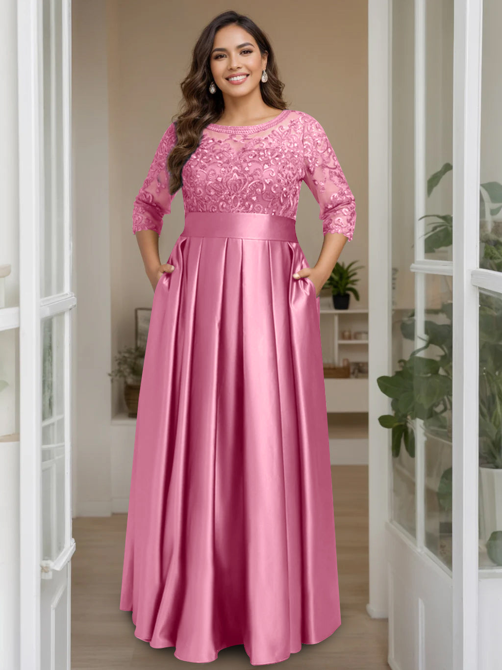 A Line Princess Scoop 3 4 Length Sleeves Floor Length Plus Size Mother Of The Bride Dresses With Bow Sequins