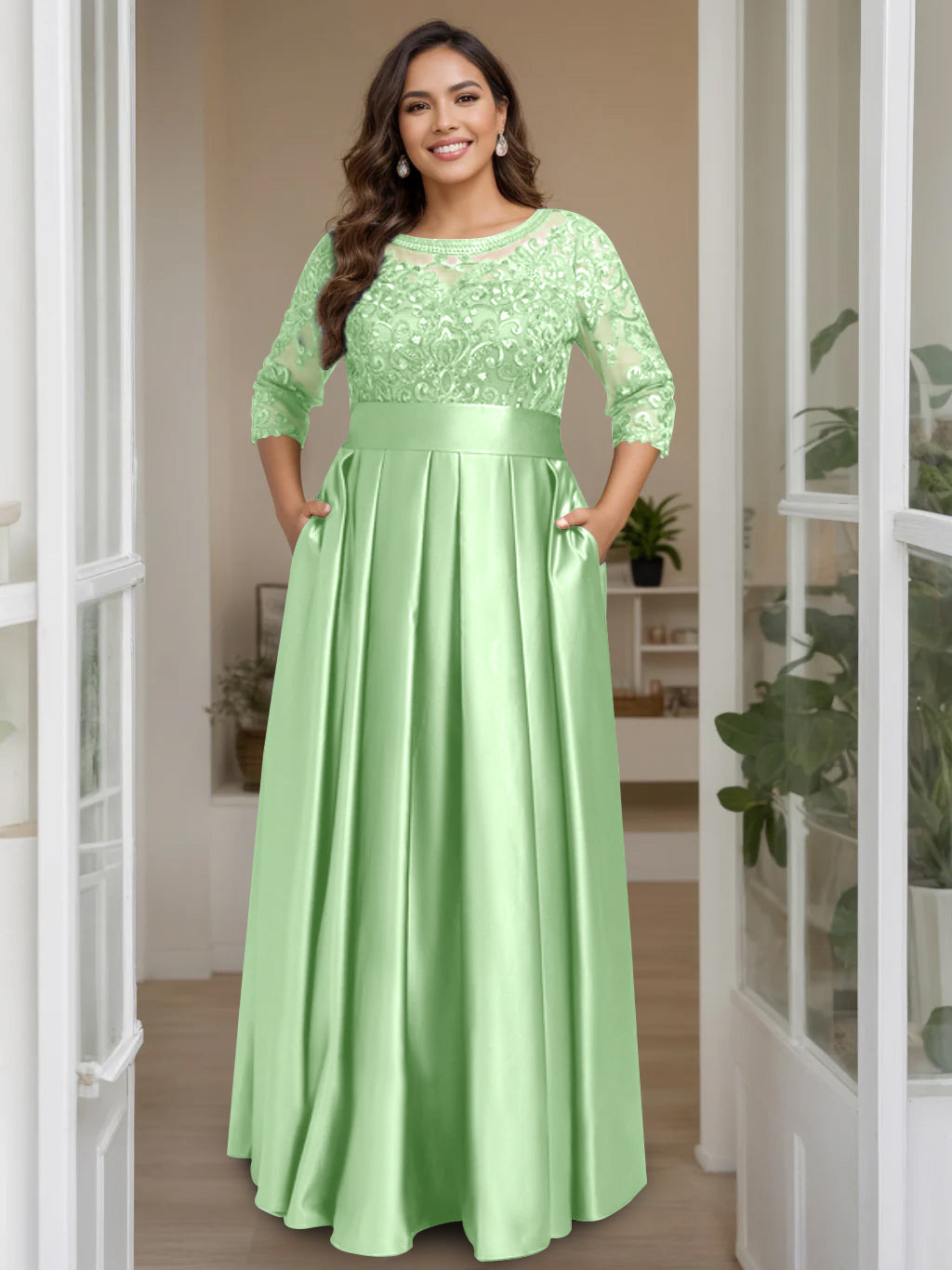 A Line Princess Scoop 3 4 Length Sleeves Floor Length Plus Size Mother Of The Bride Dresses With Bow Sequins