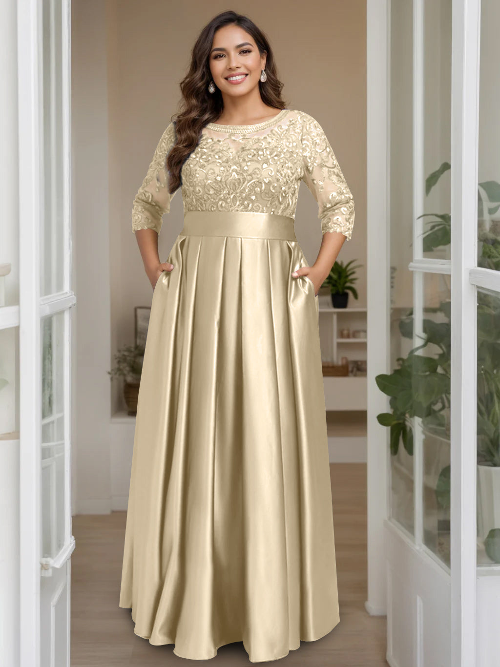 A Line Princess Scoop 3 4 Length Sleeves Floor Length Plus Size Mother Of The Bride Dresses With Bow Sequins