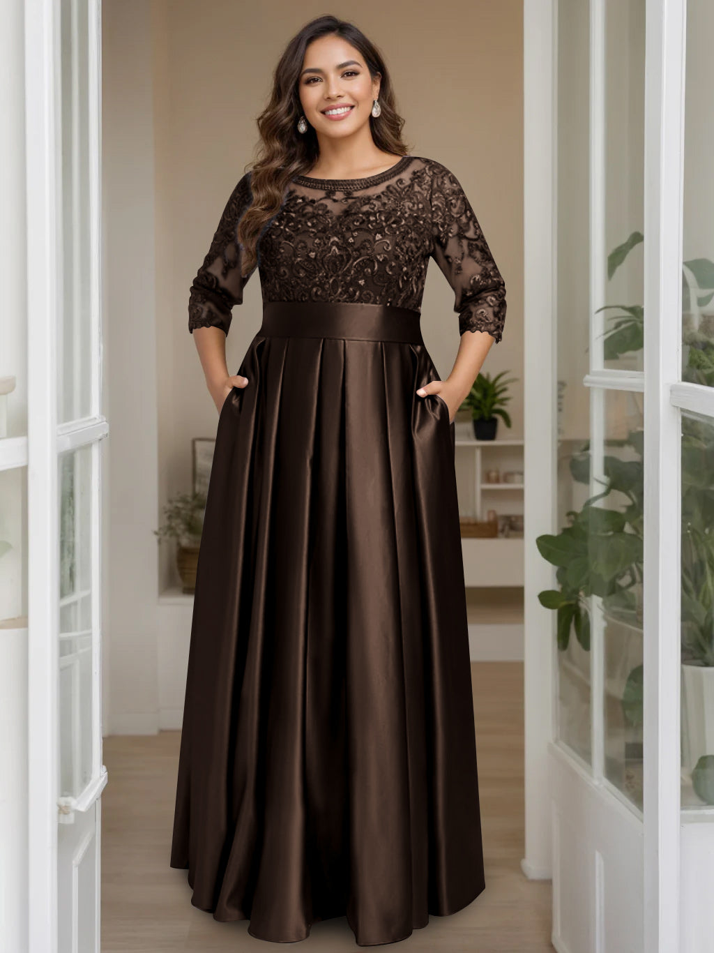 A Line Princess Scoop 3 4 Length Sleeves Floor Length Plus Size Mother Of The Bride Dresses With Bow Sequins