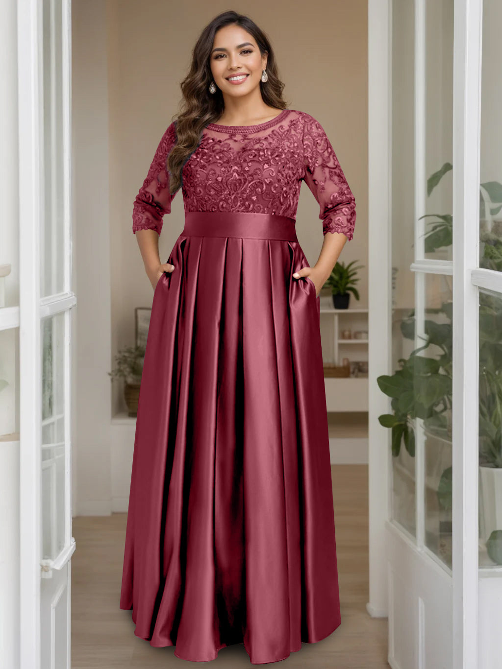 A Line Princess Scoop 3 4 Length Sleeves Floor Length Plus Size Mother Of The Bride Dresses With Bow Sequins
