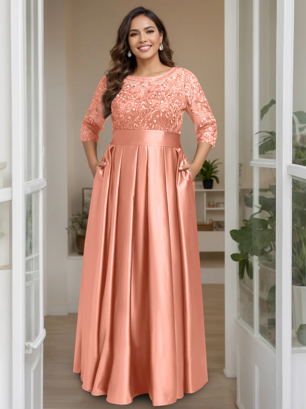 A Line Princess Scoop 3 4 Length Sleeves Floor Length Plus Size Mother Of The Bride Dresses With Bow Sequins