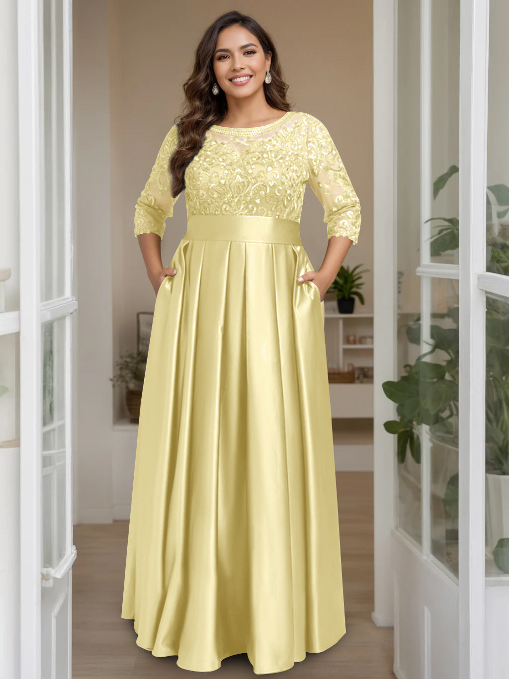 A Line Princess Scoop 3 4 Length Sleeves Floor Length Plus Size Mother Of The Bride Dresses With Bow Sequins