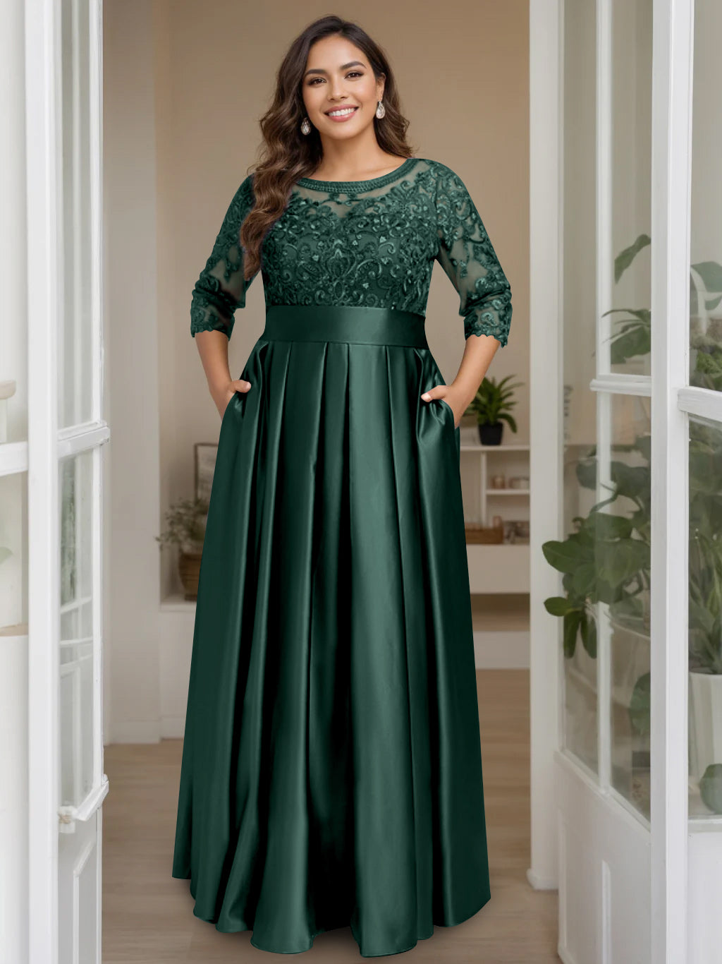 A Line Princess Scoop 3 4 Length Sleeves Floor Length Plus Size Mother Of The Bride Dresses With Bow Sequins