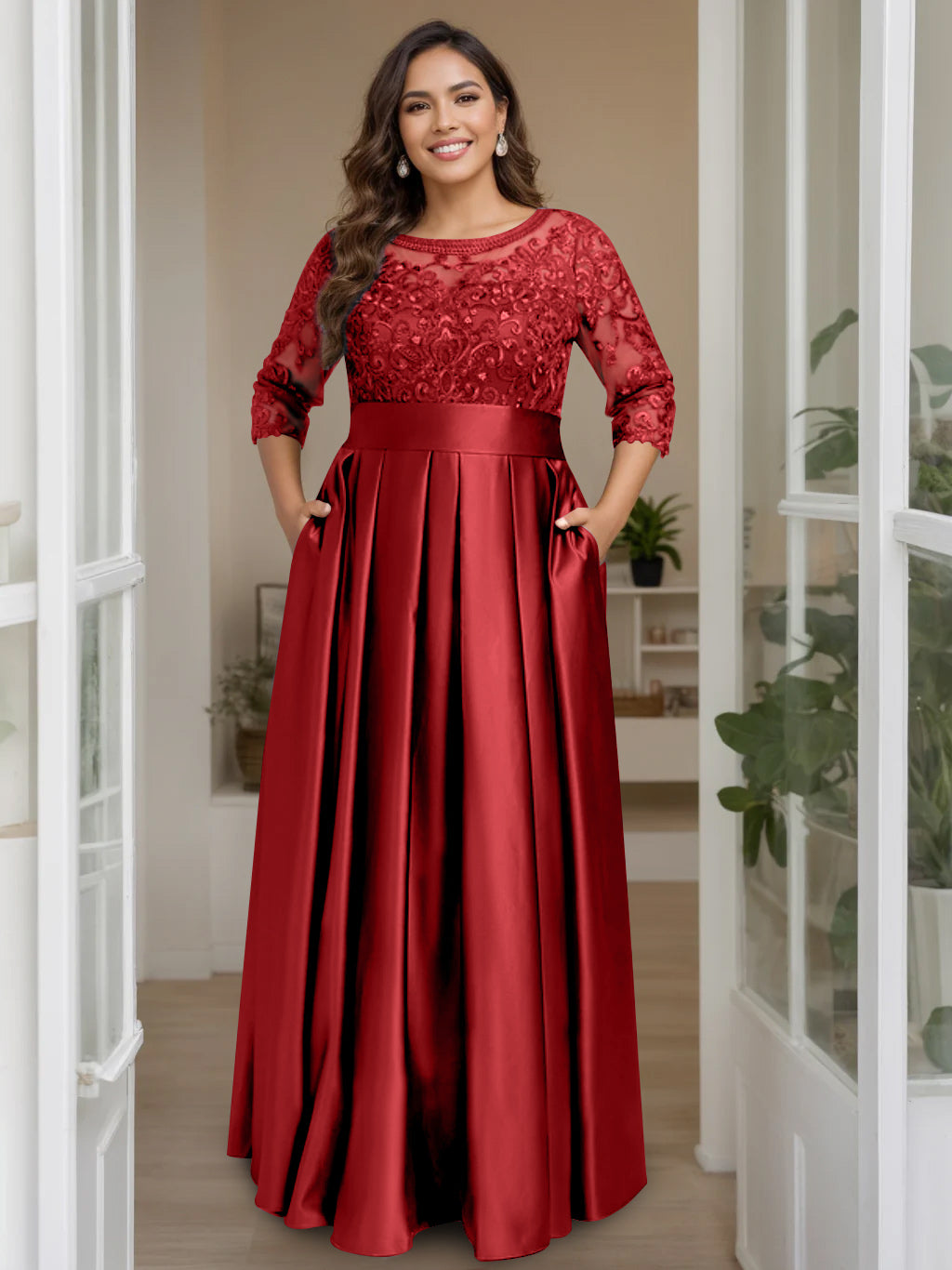 A Line Princess Scoop 3 4 Length Sleeves Floor Length Plus Size Mother Of The Bride Dresses With Bow Sequins