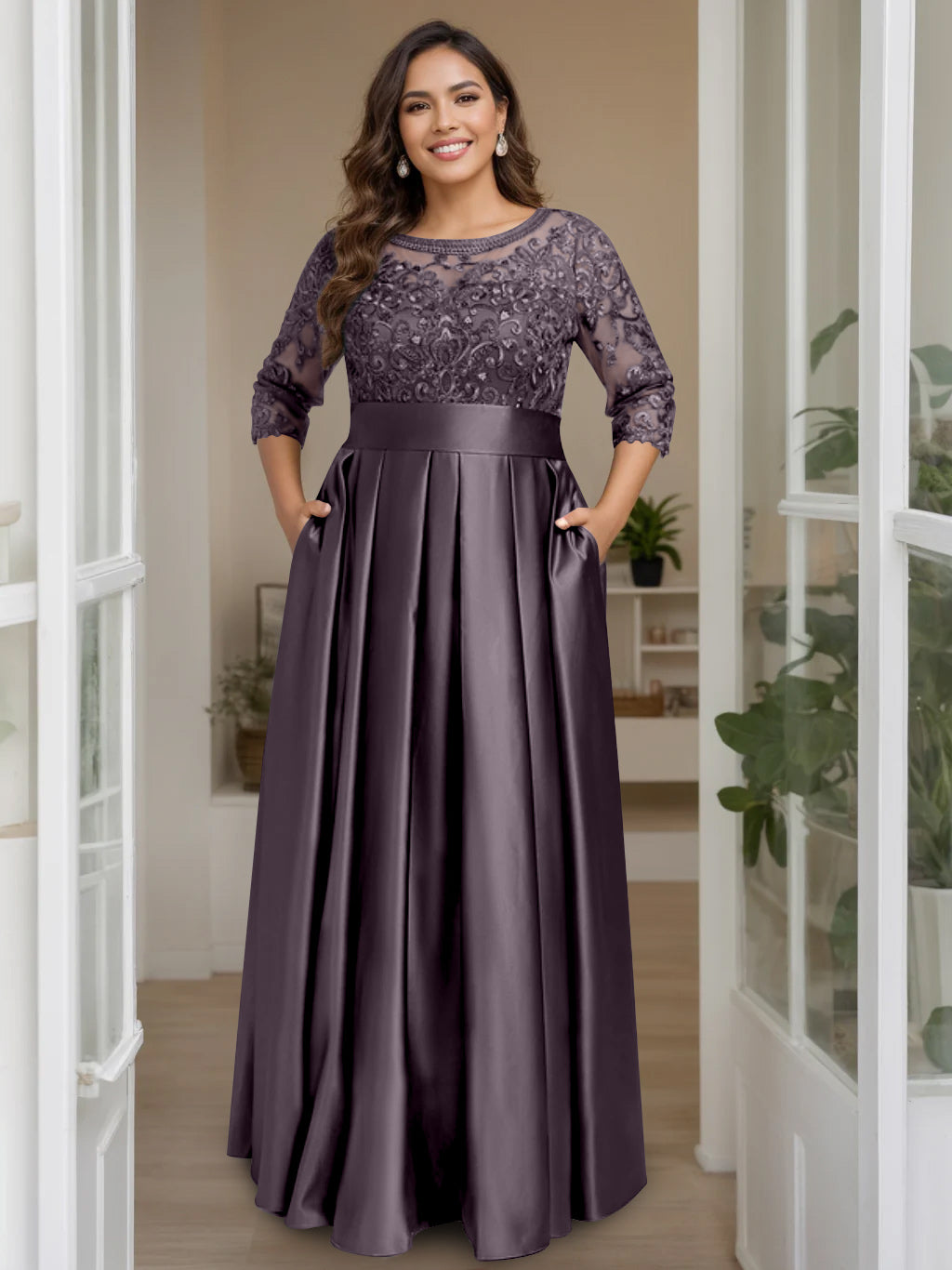 A Line Princess Scoop 3 4 Length Sleeves Floor Length Plus Size Mother Of The Bride Dresses With Bow Sequins