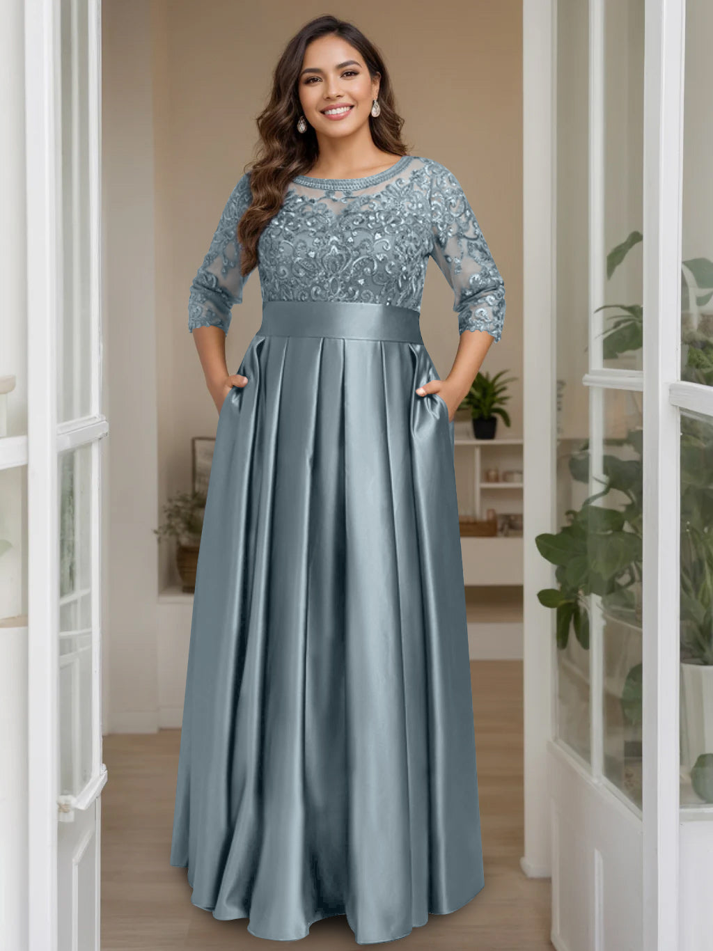 A Line Princess Scoop 3 4 Length Sleeves Floor Length Plus Size Mother Of The Bride Dresses With Bow Sequins