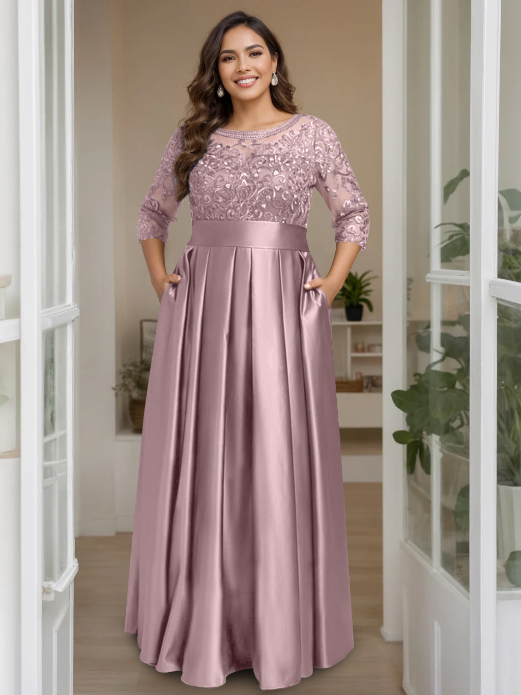 A Line Princess Scoop 3 4 Length Sleeves Floor Length Plus Size Mother Of The Bride Dresses With Bow Sequins