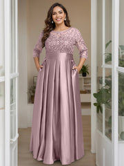 A Line Princess Scoop 3 4 Length Sleeves Floor Length Plus Size Mother Of The Bride Dresses With Bow Sequins