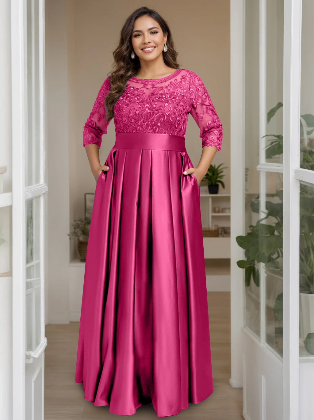 A Line Princess Scoop 3 4 Length Sleeves Floor Length Plus Size Mother Of The Bride Dresses With Bow Sequins
