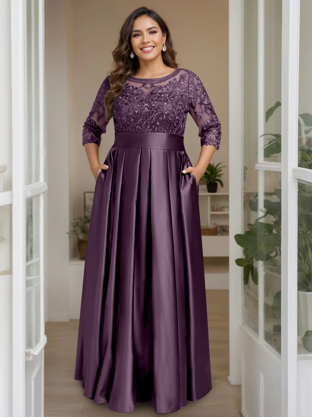 A Line Princess Scoop 3 4 Length Sleeves Floor Length Plus Size Mother Of The Bride Dresses With Bow Sequins