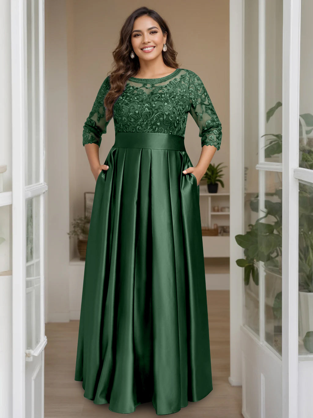A Line Princess Scoop 3 4 Length Sleeves Floor Length Plus Size Mother Of The Bride Dresses With Bow Sequins