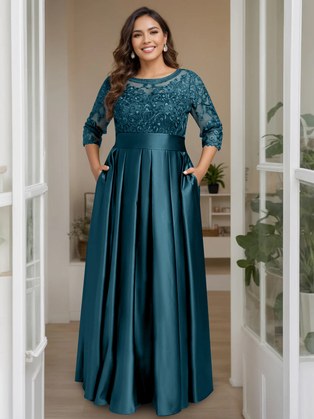 A Line Princess Scoop 3 4 Length Sleeves Floor Length Plus Size Mother Of The Bride Dresses With Bow Sequins