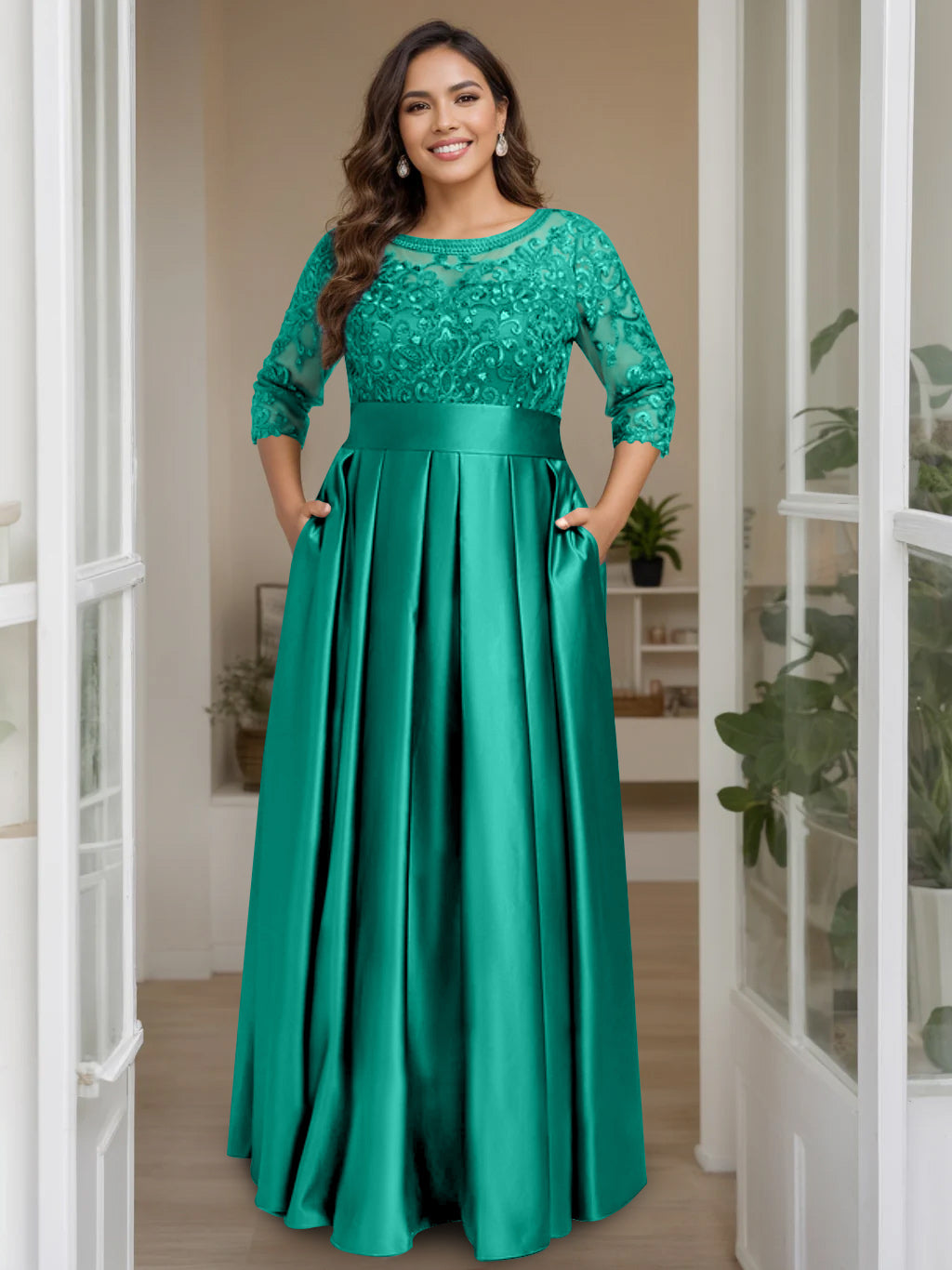 A Line Princess Scoop 3 4 Length Sleeves Floor Length Plus Size Mother Of The Bride Dresses With Bow Sequins