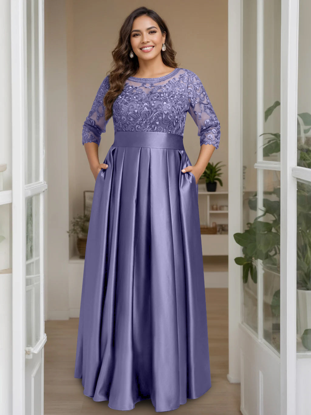A Line Princess Scoop 3 4 Length Sleeves Floor Length Plus Size Mother Of The Bride Dresses With Bow Sequins