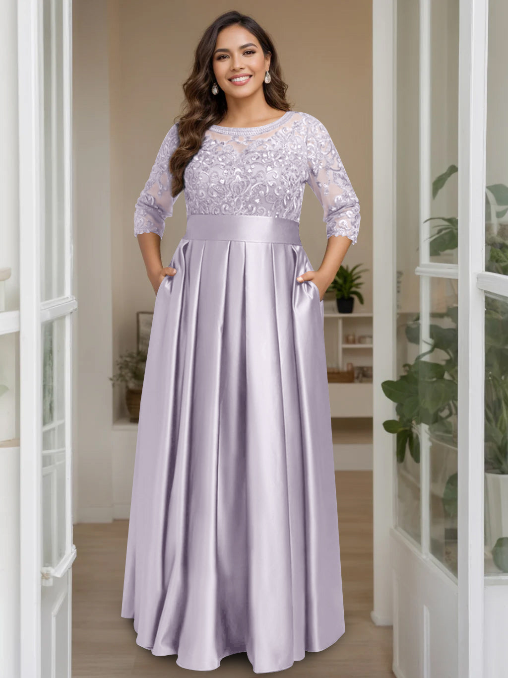 A Line Princess Scoop 3 4 Length Sleeves Floor Length Plus Size Mother Of The Bride Dresses With Bow Sequins