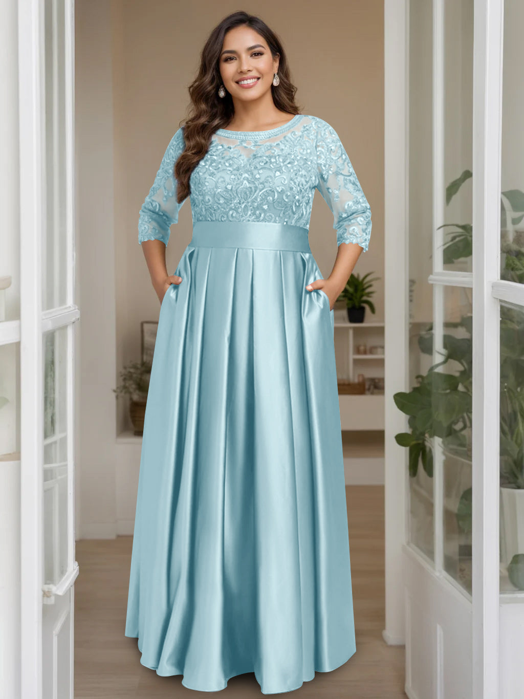 A Line Princess Scoop 3 4 Length Sleeves Floor Length Plus Size Mother Of The Bride Dresses With Bow Sequins