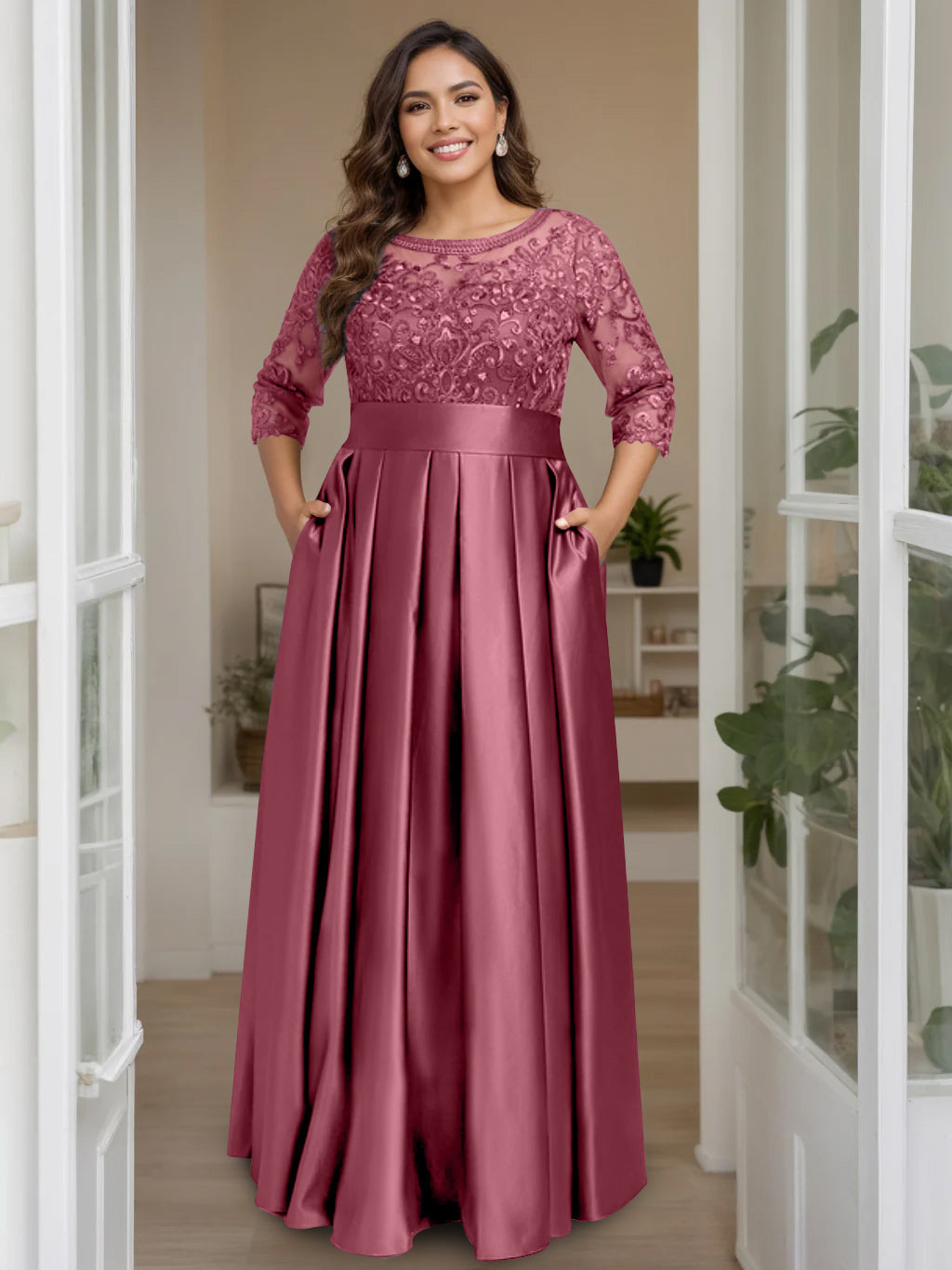 A Line Princess Scoop 3 4 Length Sleeves Floor Length Plus Size Mother Of The Bride Dresses With Bow Sequins